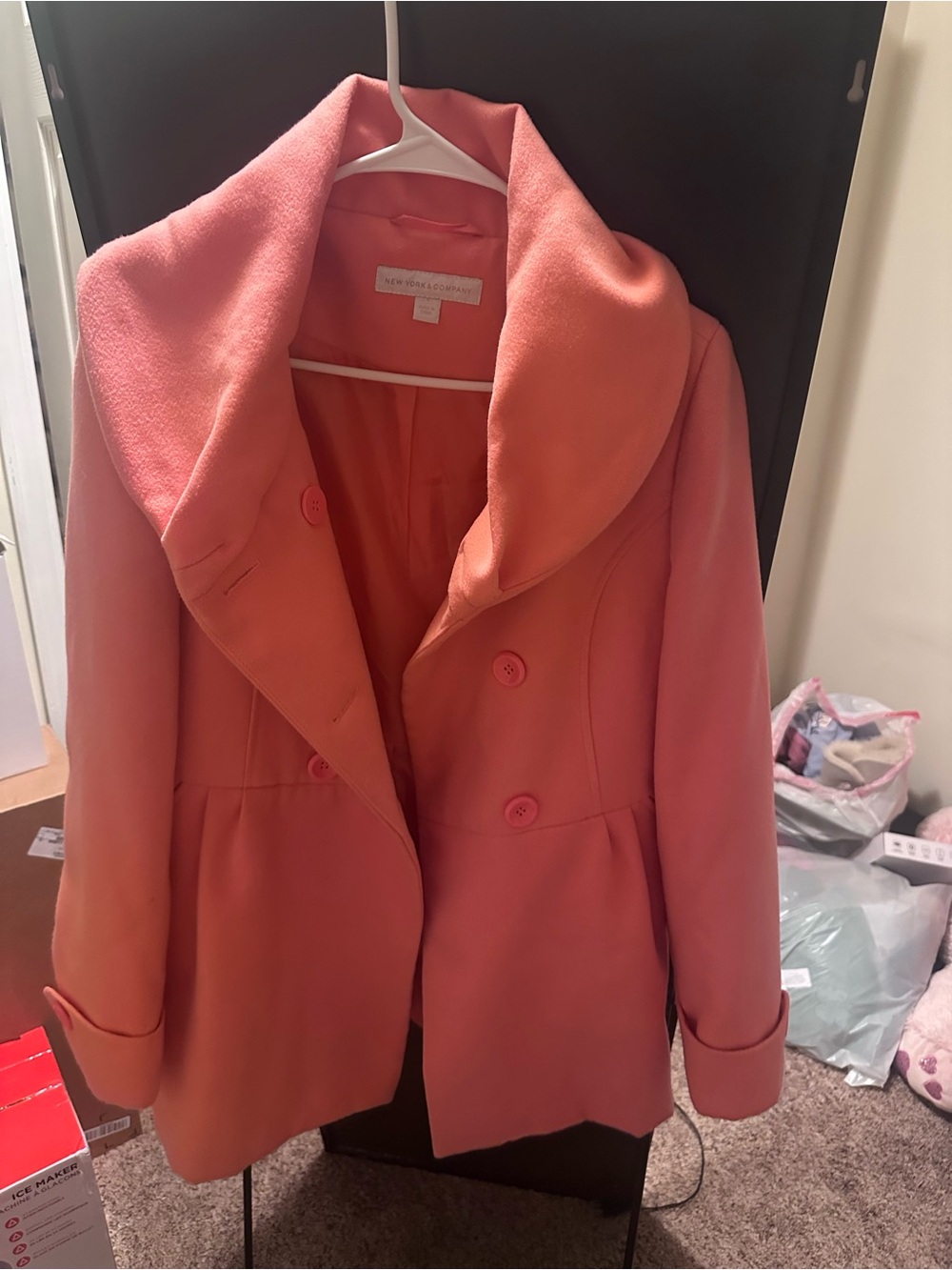 New York & Co. Coral-Pink Double-Breasted Pea Coat